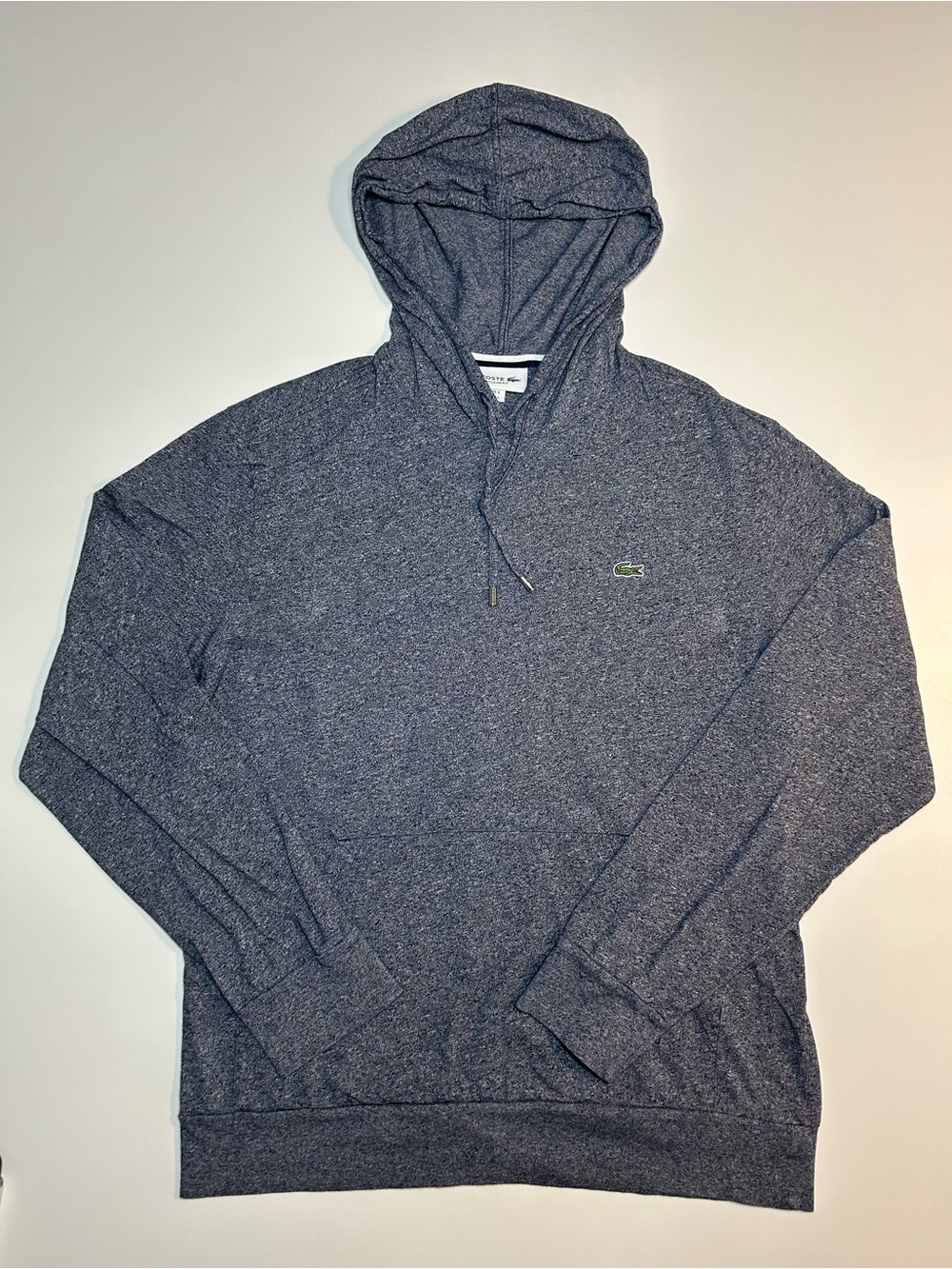 Lacoste Men's Navy Blue Heathered Pullover Hoodie Lightweight Jersey Cotton